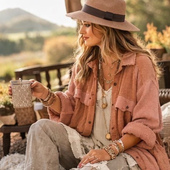 POL Lagenlook Waffle Knit Gauze Oversized Button Down Shacket Top Medium - Picture 9 of 9